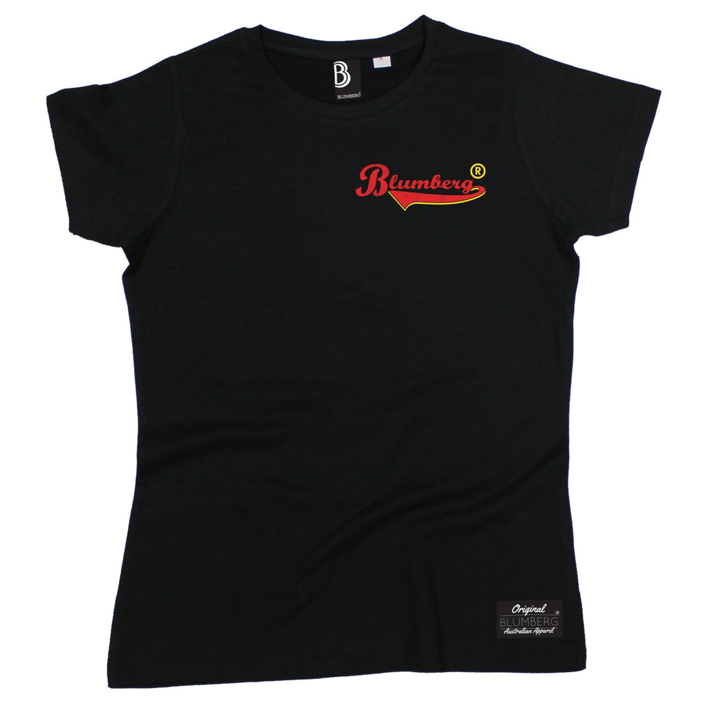 Women's Blumberg Red/Yellow Text Breast Pocket Design - Premium T-Shirt